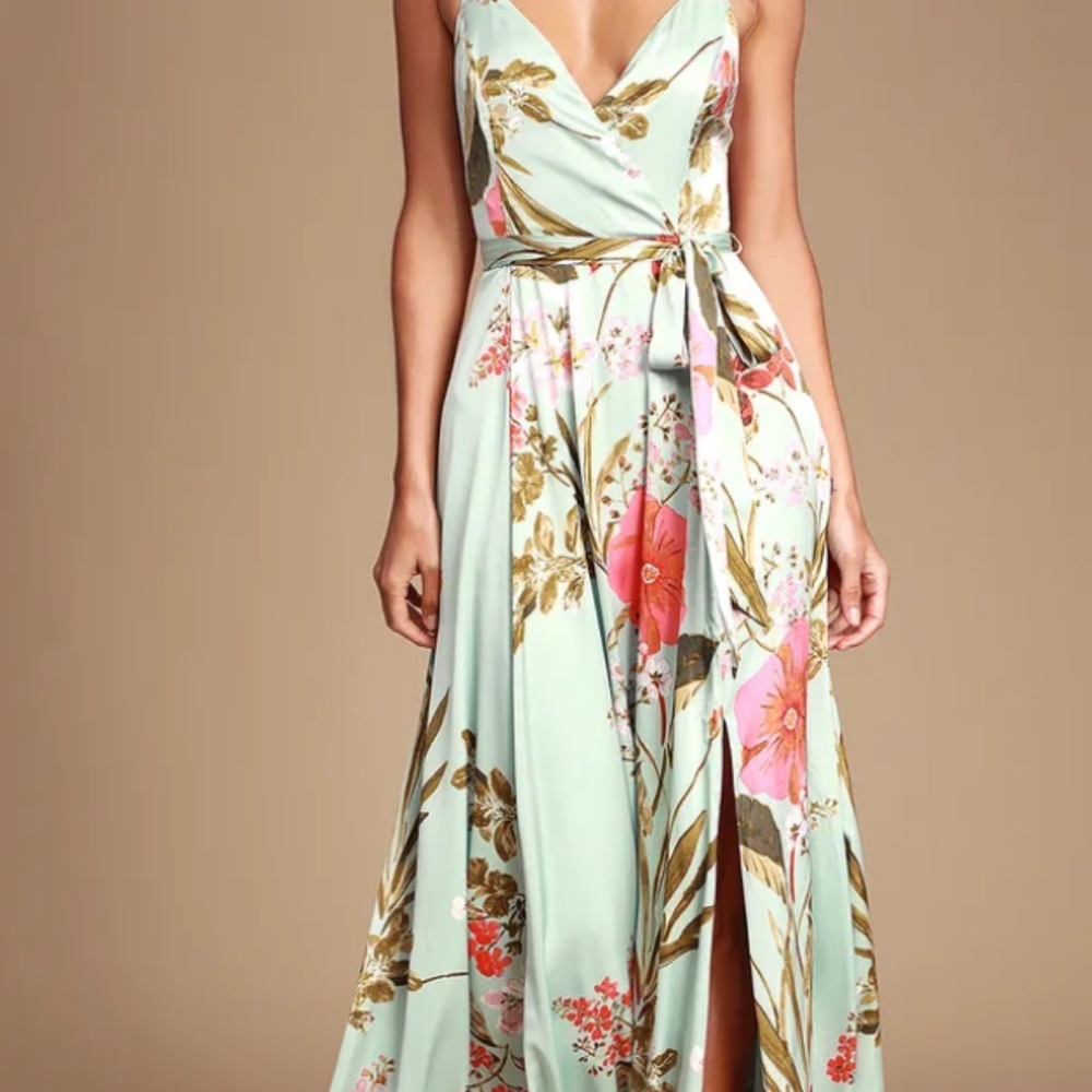 Lulus - NWT - Still the One Sage Green Floral Print Satin Maxi Dress
